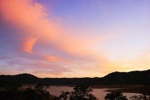 Blue and purple sunset above the New Melones Lake in California.