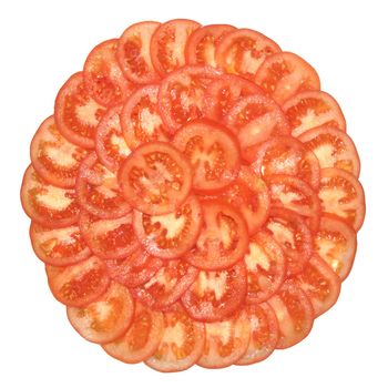 Tomatoes, fresh and red, cut on red кружчки, segments