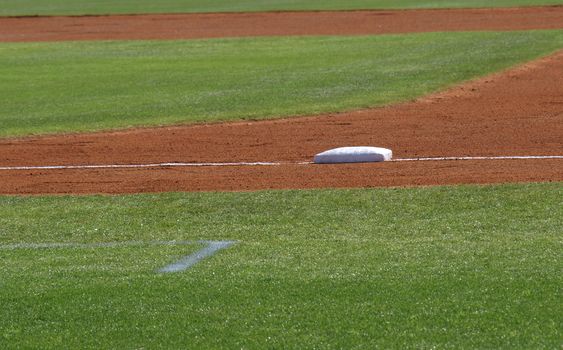 First base view shown closeup on a baseball diamond