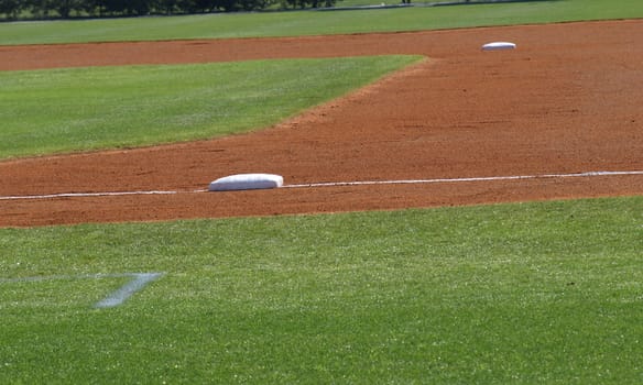 A view of the bases on a baseball field