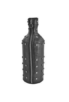 Bottle, a black leather case with rivets on a white background