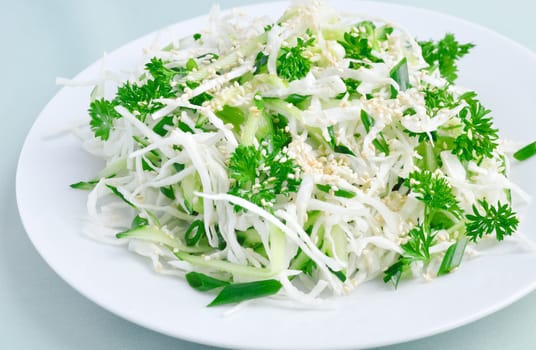 Summer Salad Fresh cabbage and cucumber salad with greens and sesame