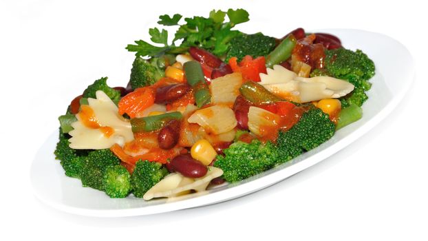 Salad with broccoli, runner, and red beans, pasta, corn, peppers under a spicy red sauce