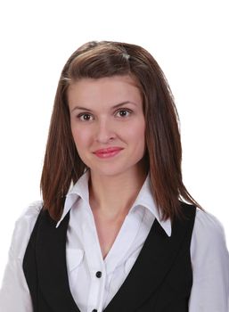 Portrait of a young woman isolated against a white background.