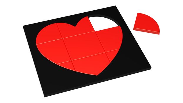 Unsolved puzzle red heart in black frame isolated on white