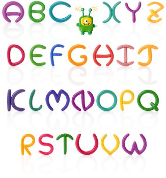 Colorful hand made and upper case letters with real reflections. Isolated over white