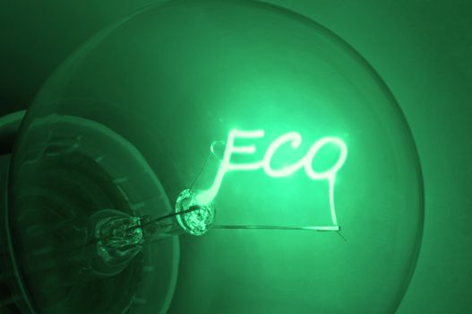 Close up on illuminated green light bulb filament spelling the word "Eco".