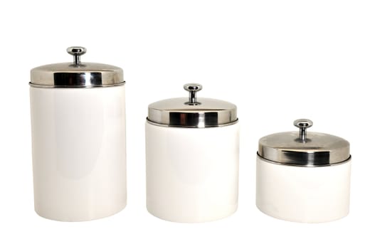 Set of three kitchen canisters isolated on white background with clipping path.