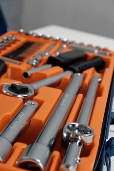 close-up of wrench tool set, shallow DOF