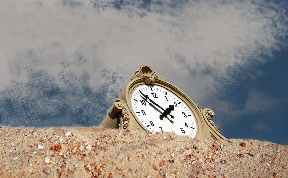 A clock sinks gradually into the sand, The time is stopping, representing the end of our temporary world