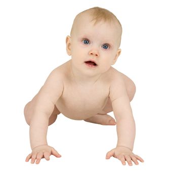Happy baby crawls on a white background