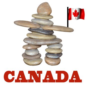 canadian inukshuk holding a canadian flag welcomes