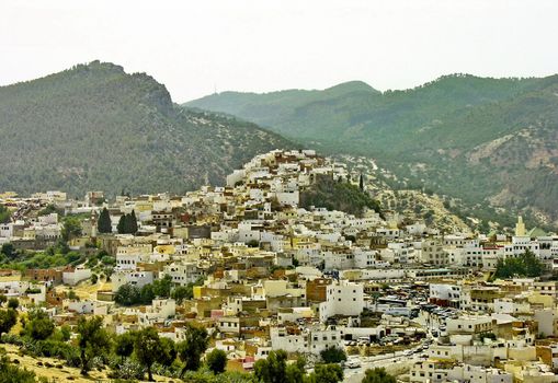 Landscape Hill full of houses in Morocco near Meknes