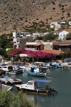 beautiful greek island in Kalymnos, Greece (port, houses and flowers)