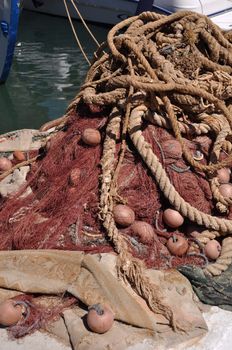 bright brown fishing net on Kalymnos island, Greece