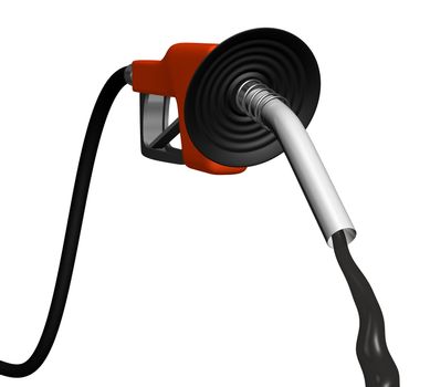 3d render of a gas pump nozzle with black petroleum flowing