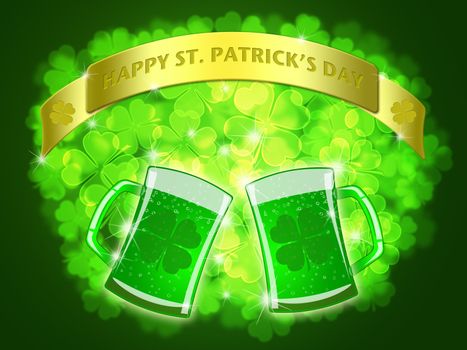 St Patricks Day Two Green Beers Banner with Shamrocks Bokeh Illustration