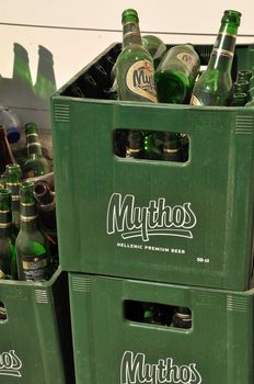 KOS - AUGUST 26 2010: Mythos, the Greek lager beer on August 26, 2010 in Kos, GREECE