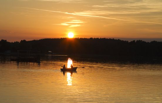 sunset on the lake, boat