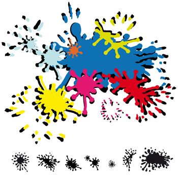 several abstract inkblots in colors and in black 
