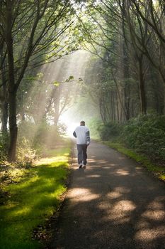 Middle aged man jogging on early summer morning in park - vertical image