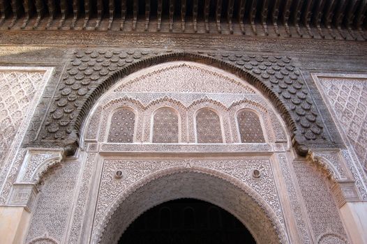 The Ben Youssef Medersa, an Islamic school attached to the Ben Youssef Mosquein in Marrakesh, arch detail