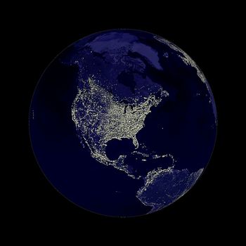 Earth globe with north America lights showing on black background. Some components of this image are provided courtesy of NASA, and have been found at visibleearth.nasa.gov