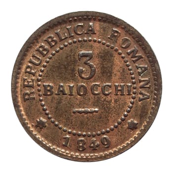 Close up of a vintage Italian 3 Baiocchi coin