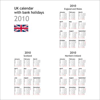 2010 Calendar with UK bank holiday for England and Wales, Scotland and Northern Ireland