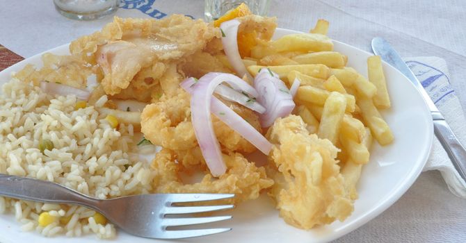 fried calamari with french fires and rice (table setting)