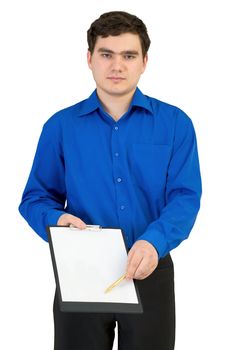 Guy with tablet and a pen on white background