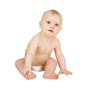 Infant to sit in nappy on the white background