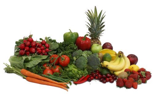A variety of fruits and vegetables arranged on white background.