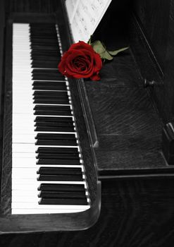 A rose rests on a piano with sheet music.