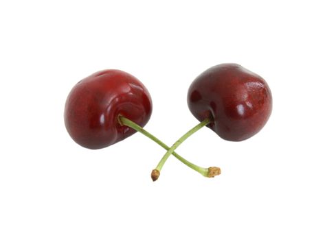 A couple of isolated cherries on white background.