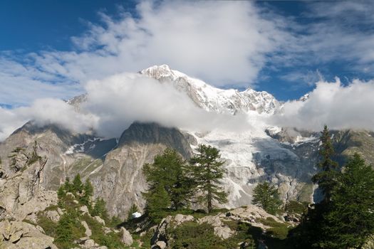 summer view Mont Blanc from Veny valley, Courmayeur, Italy