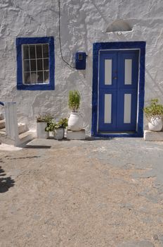 traditional blue greek door in Zia village (Kos), Greece