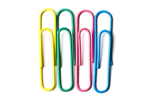Multicolored paper clips isolated on white background 
