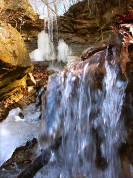 A small waterfall of melting snow at Kickapoo State Park in Illinois.