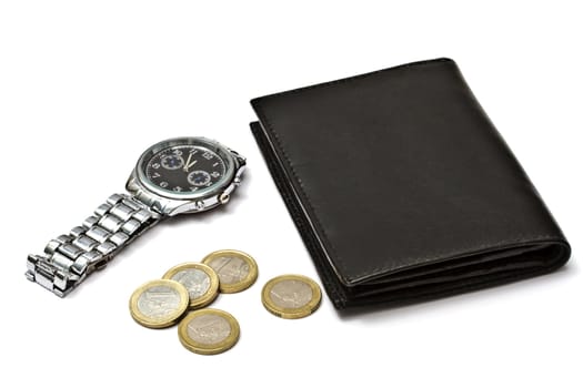 Black wallet,watch and coins isolated on white