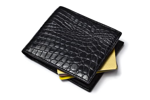 Black wallet with Credit cards isolated on white background 
