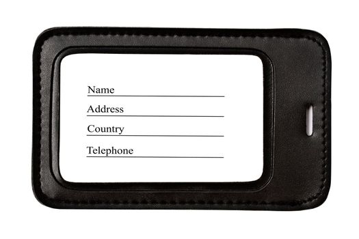 Black leather Luggage tag isolated on white background 
