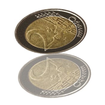 Euro coin and reflection on white background 

