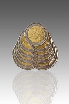 Euro coins and reflection isolated on white background 
