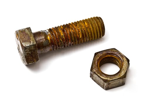Rusty nut and bolt isolated on white background 
