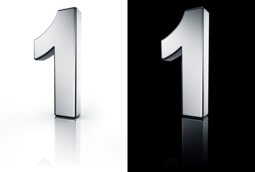 3d rendering of the number 1 in brushed metal on a white and black reflective floor.