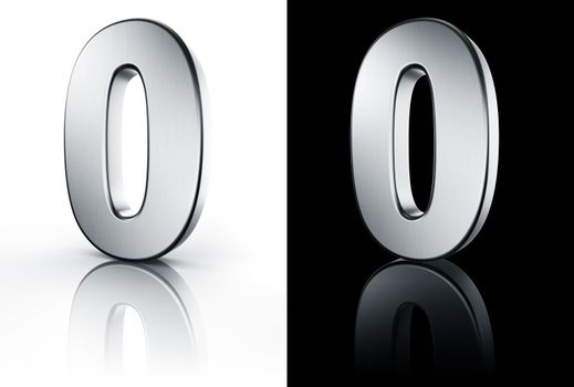 3d rendering of the number 0 in brushed metal on a white and black reflective floor.