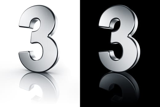 3d rendering of the number 3 in brushed metal on a white and black reflective floor.