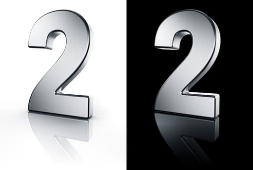 3d rendering of the number 2 in brushed metal on a white and black reflective floor.