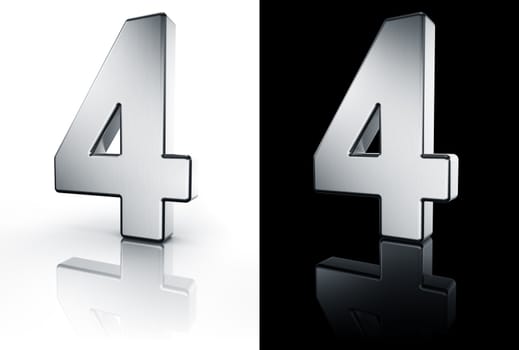3d rendering of the number 4 in brushed metal on a white and black reflective floor.